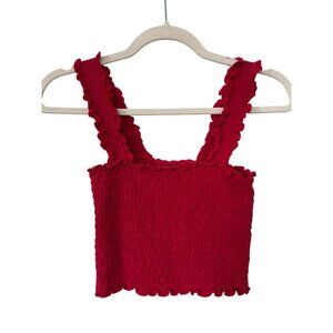 Hollister Smocked Crop Top Size Small Red Ruffled Straps Ruched Beach Surf